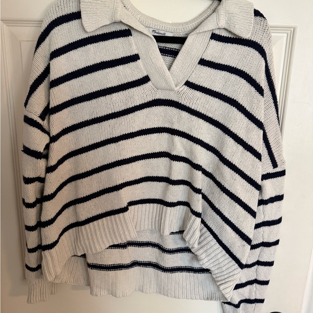 Madewell Black and Cream Striped V-Neck Sweater